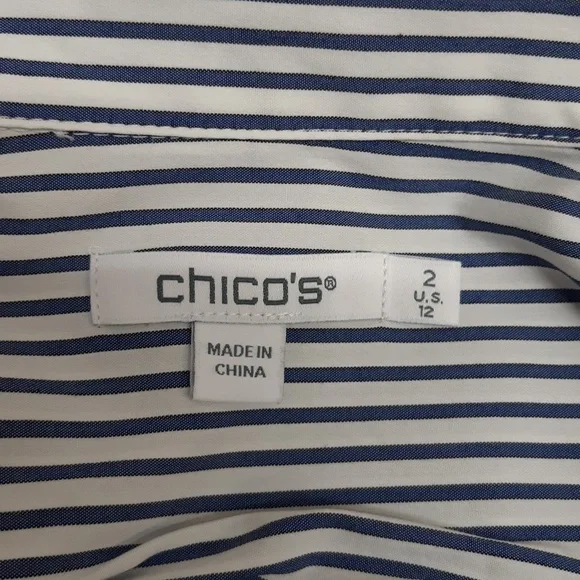 Chico's Navy and White Embroidered Striped Tunic Blouse - Picture 7 of 9
